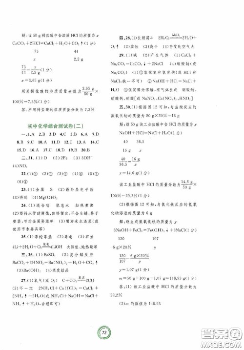 广西教育出版社2020中考先锋中考总复习配套测试卷化学课标版A答案 广西教育出版社2020中考先锋中考总复习配套测试卷化学课标版A答案