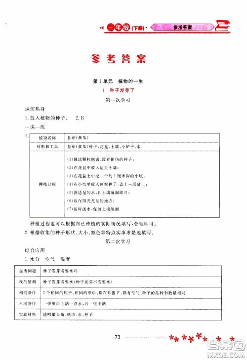 2020年资源与评价科学三年级下册苏教版参考答案