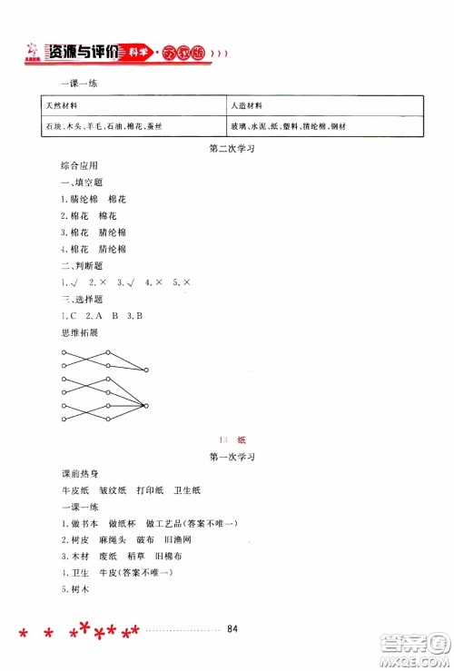 2020年资源与评价科学三年级下册苏教版参考答案