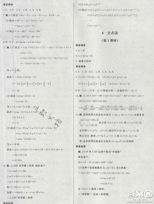 2020春课堂精练八年级数学下册北师版河北专版答案