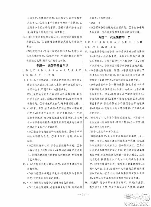 江苏人民出版社2020期末闯关冲刺100分七年级道德与法治下册人民教育版答案