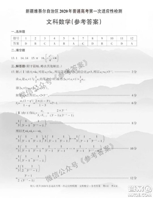 2020年新疆普通高考第一次适应性检测文科数学答案