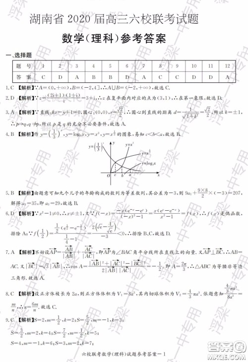 湖南省2020届高三六校联考试题理科数学答案