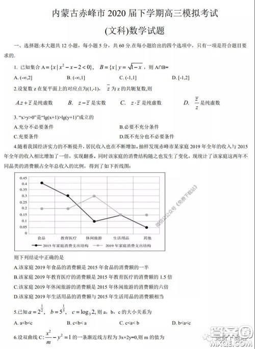 2020年内蒙古赤峰市高三4月模拟考试文科数学试题及答案