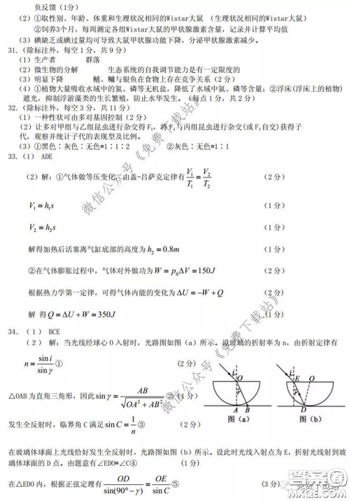 2020年内蒙古赤峰市高三4月模拟考试理科综合答案