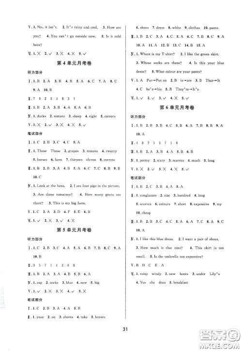 河海大学出版社2020同步特训小博士四年级英语人教版下册答案