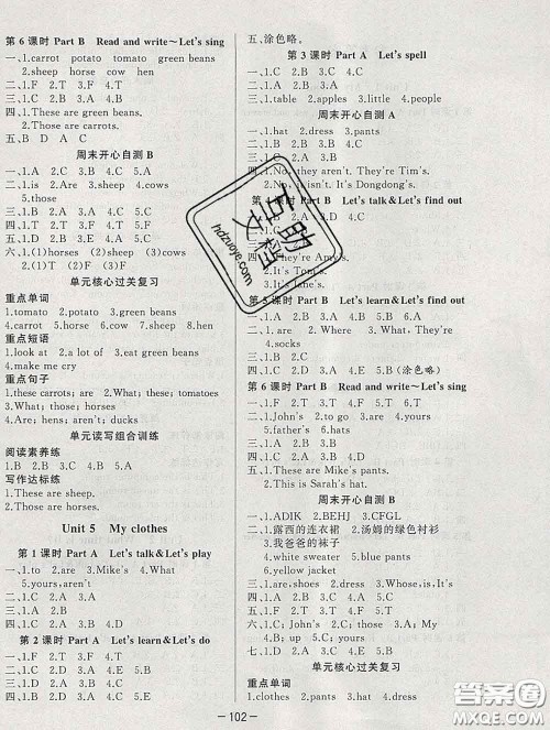 2020新版A+优化作业本四年级英语下册人教版参考答案