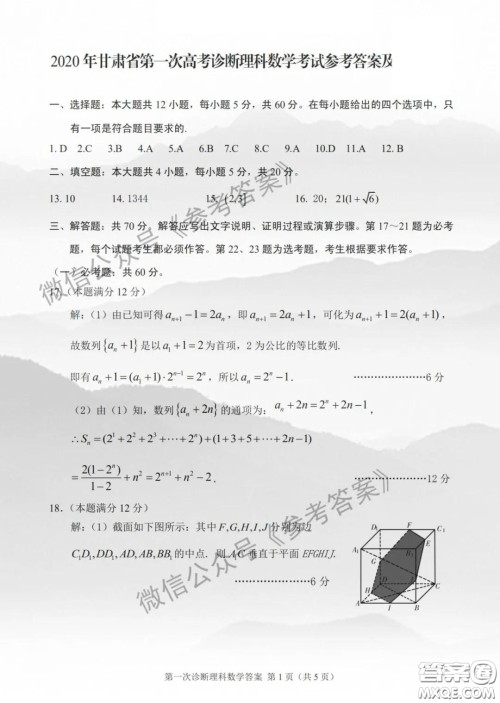 2020年甘肃省第一次高考诊断考试理科数学答案 2020年甘肃省第一次高考诊断考试理科数学答案