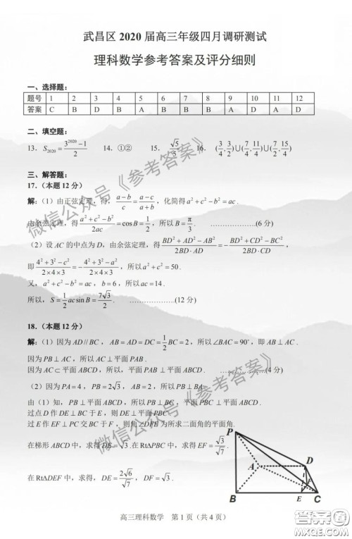 武昌区2020届高三年级四月调考理科数学答案