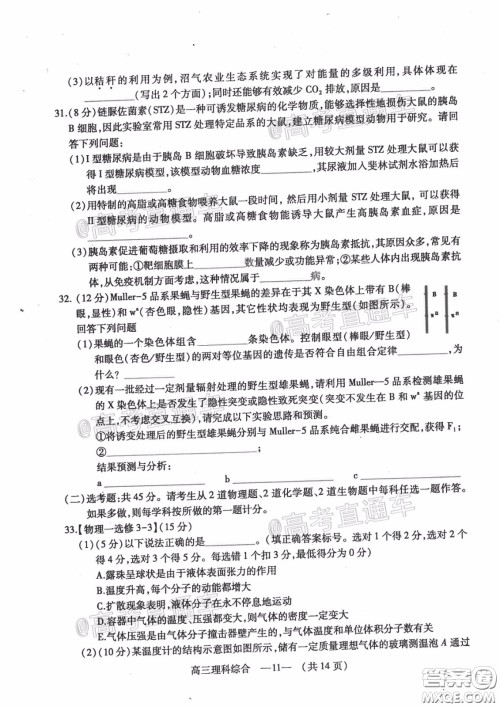 2020年4月福州市高中毕业班质量检测理科综合试题及答案 2020年4月福州市高中毕业班质量检测理科综合试题及答案
