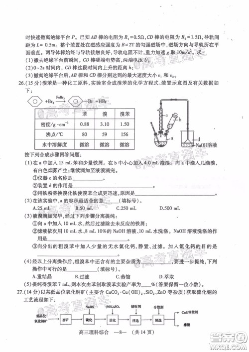 2020年4月福州市高中毕业班质量检测理科综合试题及答案 2020年4月福州市高中毕业班质量检测理科综合试题及答案
