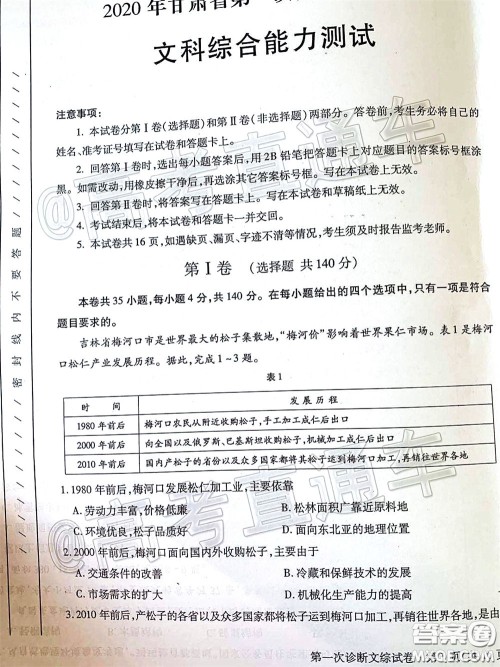 2020年甘肃省第一次高考诊断考试文科综合试题及答案