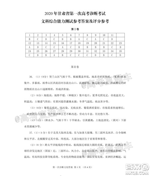 2020年甘肃省第一次高考诊断考试文科综合试题及答案 2020年甘肃省第一次高考诊断考试文科综合试题及答案