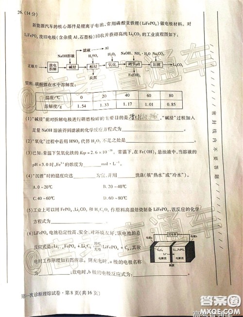 2020年甘肃省第一次高考诊断考试理科综合试题及答案