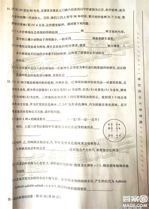 2020年甘肃省第一次高考诊断考试理科综合试题及答案 2020年甘肃省第一次高考诊断考试理科综合试题及答案