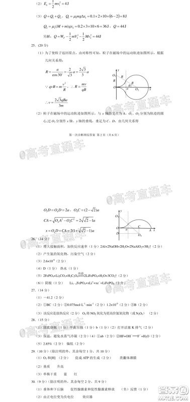 2020年甘肃省第一次高考诊断考试理科综合试题及答案