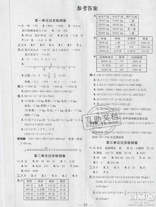 2020新版阳光同学一线名师全优好卷六年级数学下册人教版广东专版答案