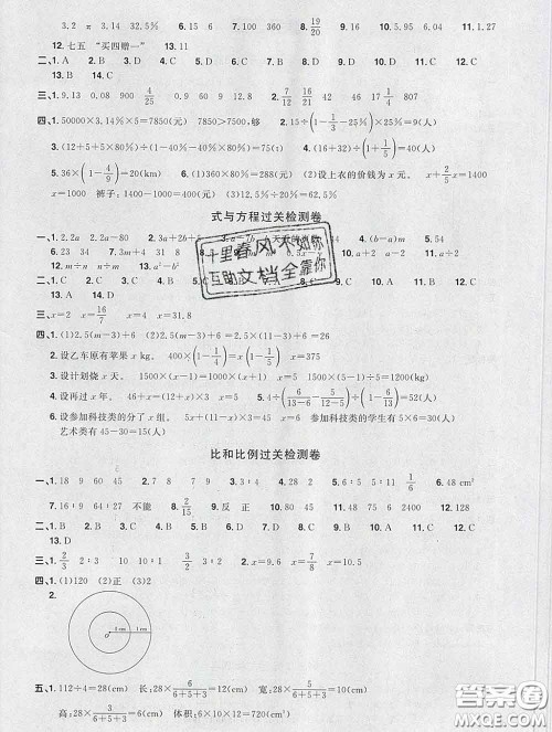 2020新版阳光同学一线名师全优好卷六年级数学下册人教版福建专版答案