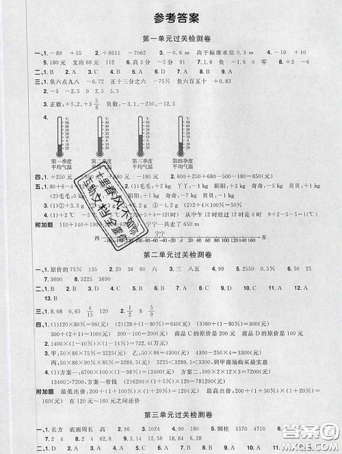 2020新版阳光同学一线名师全优好卷六年级数学下册人教版福建专版答案