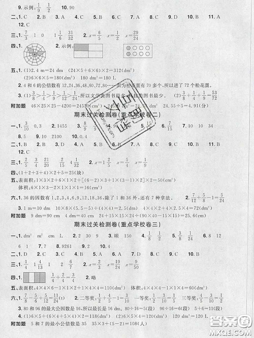 2020新版阳光同学一线名师全优好卷五年级数学下册人教版福建专版答案