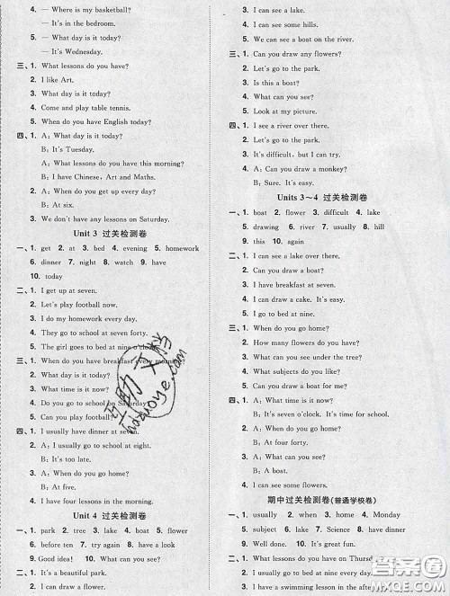 2020新版阳光同学一线名师全优好卷四年级英语下册译林版答案