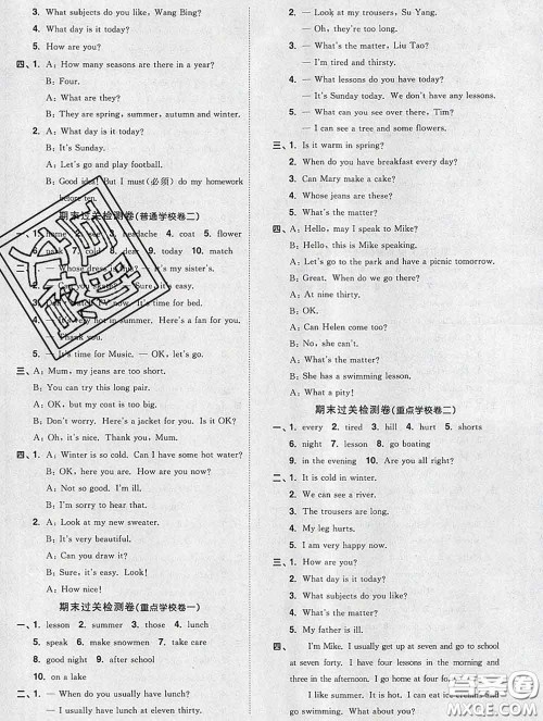 2020新版阳光同学一线名师全优好卷四年级英语下册译林版答案 2020新版阳光同学一线名师全优好卷四年级英语下册译林版答案