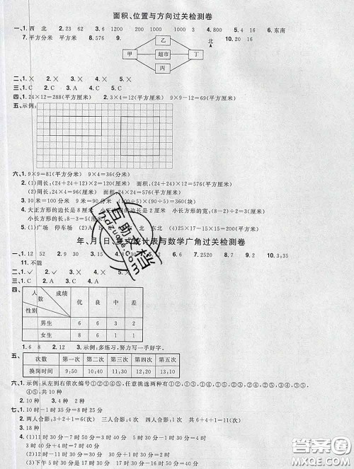 2020新版阳光同学一线名师全优好卷三年级数学下册人教版广东专版答案