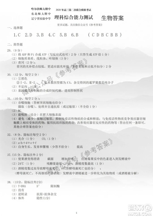 东北三省三校2020年高三第二次联合模拟试卷理综试题及答案