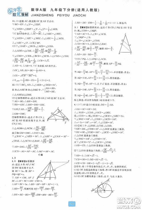 华东师范大学出版社2020尖子生培优教材九年级数学人教版A版全一册下分册双色板答案