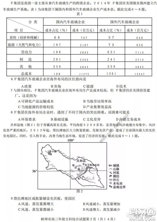 蚌埠市2020届高三年级第三次教学质量检查考试文科综合试题及答案