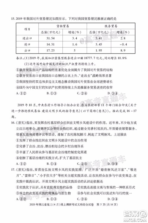 2020年湖北省高三4月线上调研考试文科综合试题及答案