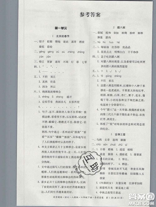 2020新版同步精练六年级语文下册人教版参考答案