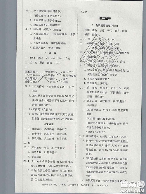 2020新版同步精练六年级语文下册人教版参考答案 2020新版同步精练六年级语文下册人教版参考答案