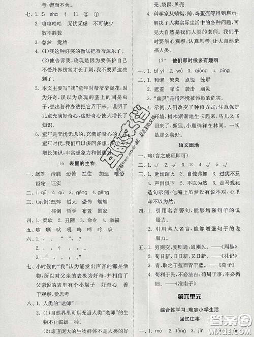 2020新版同步精练六年级语文下册人教版参考答案