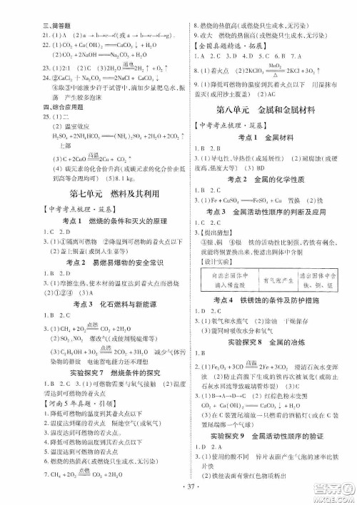 2020河南省初中毕业生学业考试复习指导+化学答案