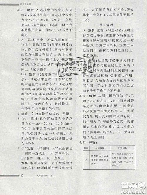 2020一川教育学考A+课堂检测10分钟八年级物理下册人教版答案