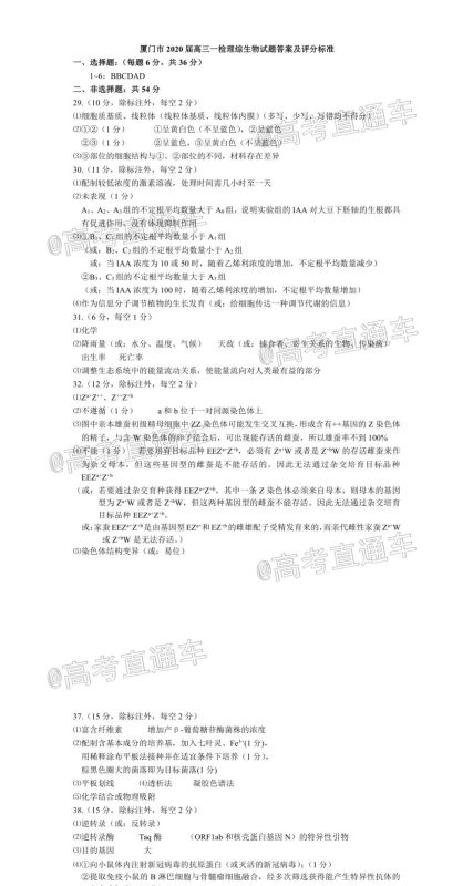 厦门市2020届高中毕业班第一次质量检查理科综合试题及答案 厦门市2020届高中毕业班第一次质量检查理科综合试题及答案