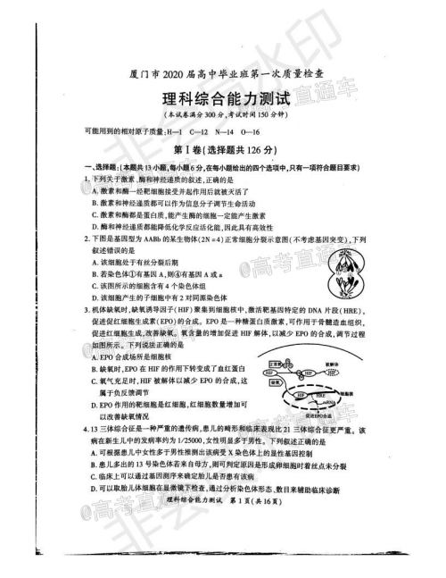 厦门市2020届高中毕业班第一次质量检查理科综合试题及答案 厦门市2020届高中毕业班第一次质量检查理科综合试题及答案