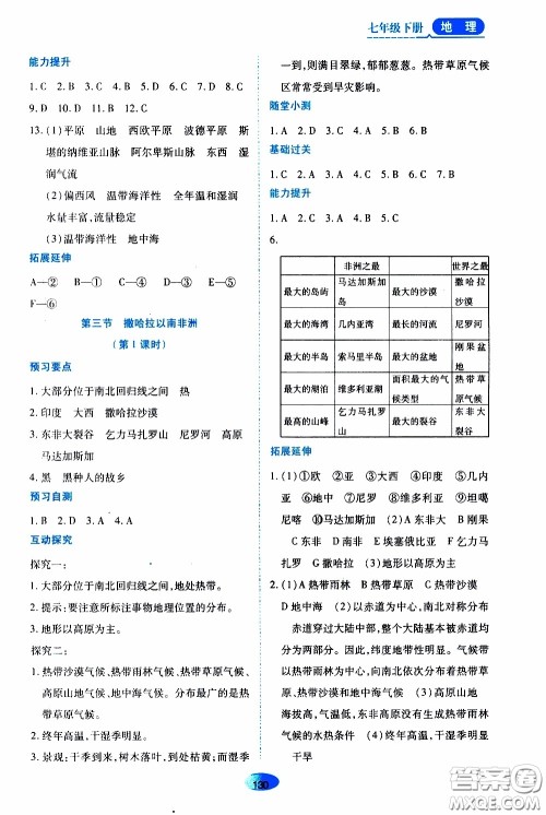 黑龙江教育出版社2020年资源与评价地理七年级下册人教版参考答案