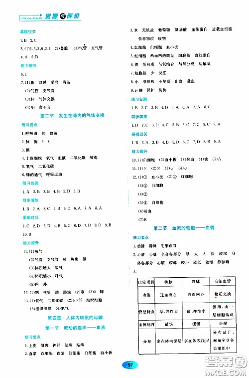 黑龙江教育出版社2020年资源与评价生物学七年级下册人教版参考答案