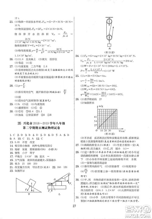 吉林教育出版社2020实验班提优大考卷八年级物理下册苏科版答案