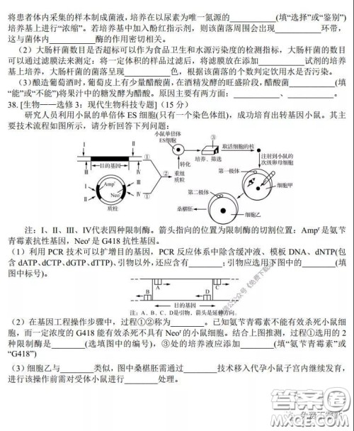 湖南湖北四校2020届高三学情调研联考理科综合试题及答案