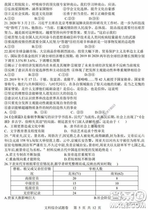 湖南湖北四校2020届高三学情调研联考文科综合试题及答案 湖南湖北四校2020届高三学情调研联考文科综合试题及答案