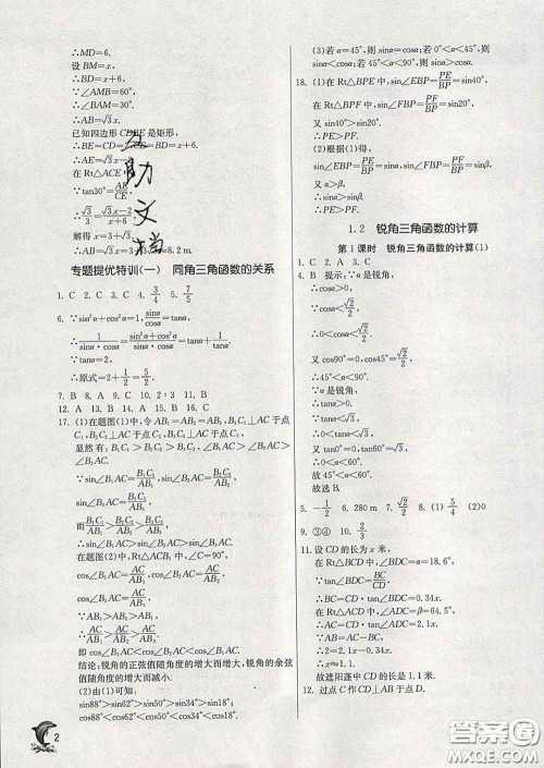 春雨教育2020春实验班提优训练九年级数学下册浙教版答案