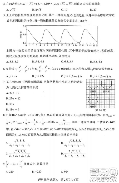 2020年4月山西省高考考前适应性测试理数试题及答案 2020年4月山西省高考考前适应性测试理数试题及答案