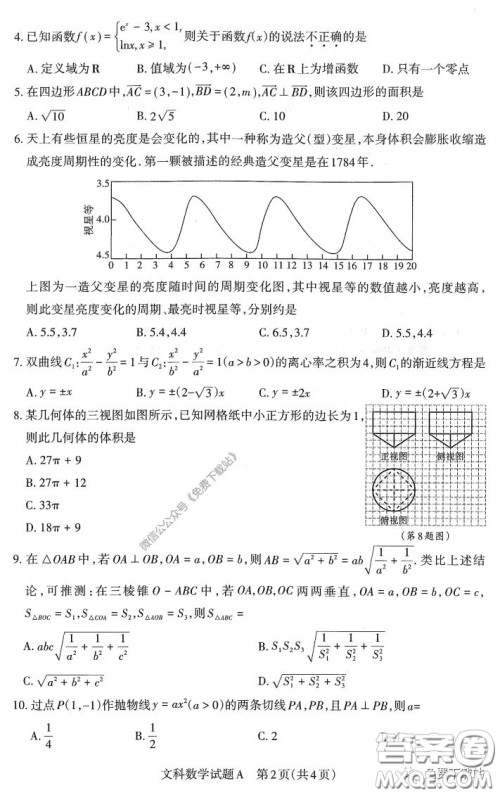 2020年4月山西省高考考前适应性测试文科数学试题及答案