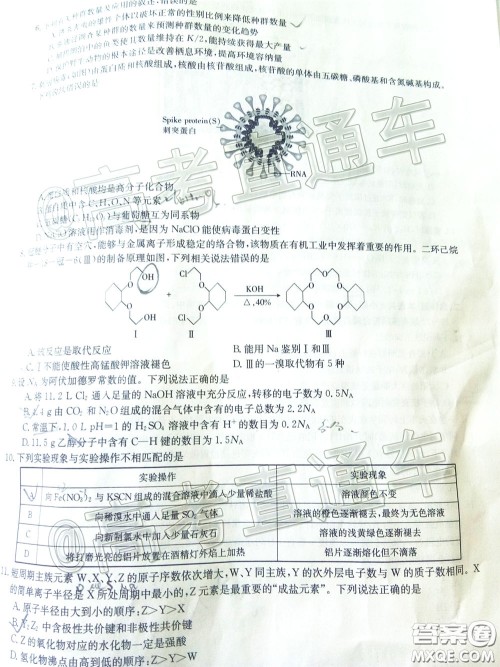 2020年高三甘青宁金太阳4月联考理科综合试题及答案