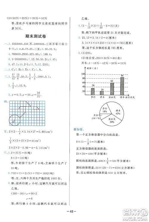 2020学而思基本功同步练测试卷小学数学六年级下册人教版答案