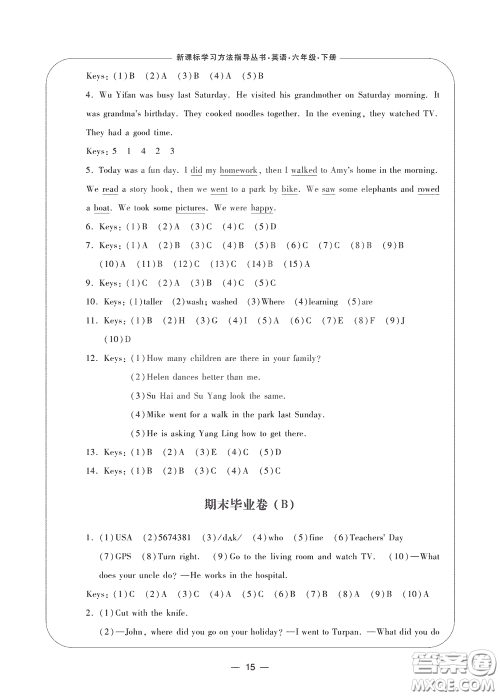 宁波出版社2020学习方法指导丛书六年级英语下册人教版答案