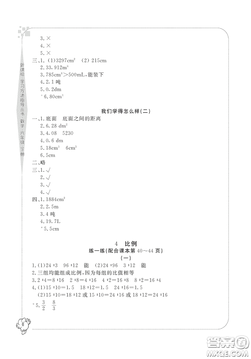 宁波出版社2020学习方法指导丛书六年级数学下册人教版答案